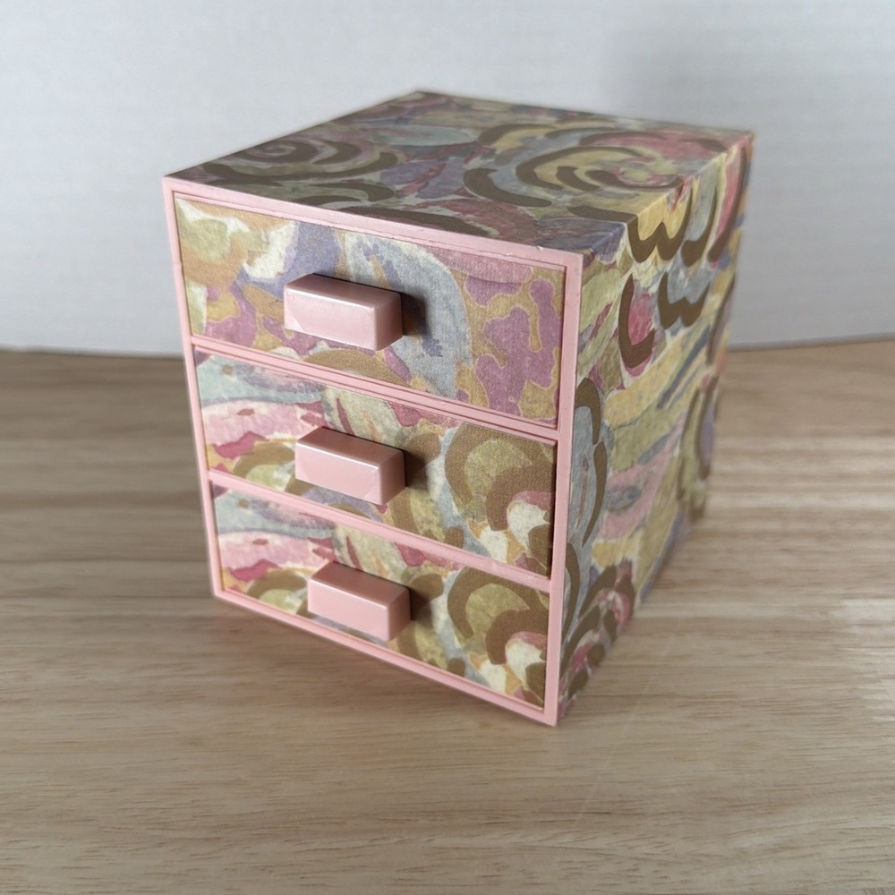 Vintage 80's Miniature Jewelry Drawers Pink Swirl Gold 3.75T 3.5D 3.25W Plastic
